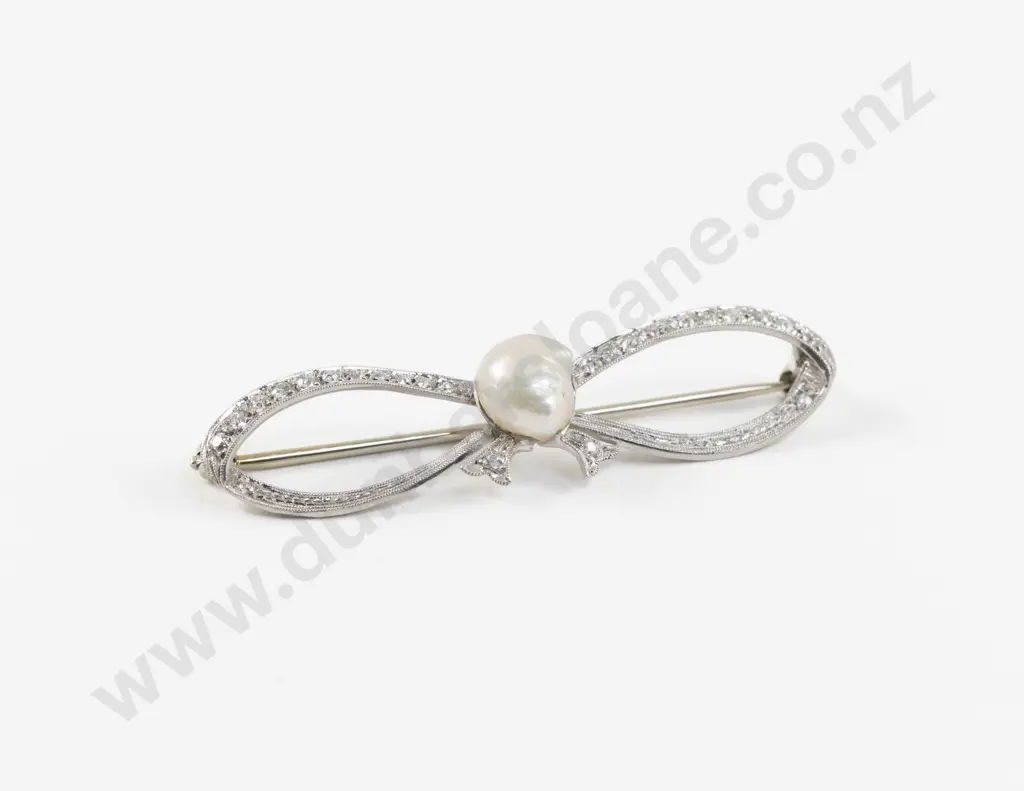 14ct White Gold Single Keshi Pearl and Diamond Bow Brooch Image 1++