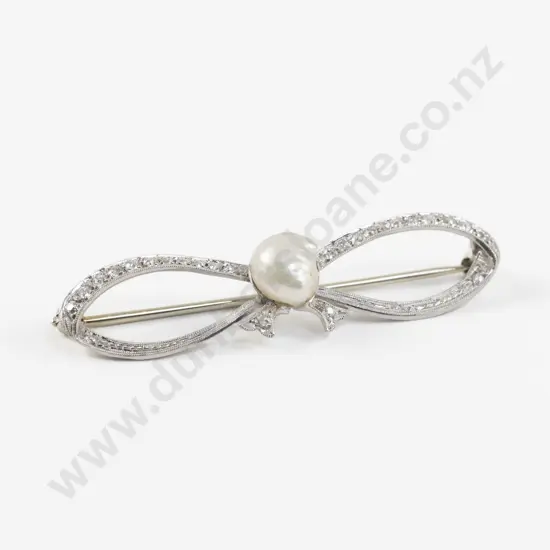 14ct White Gold Single Keshi Pearl and Diamond Bow Brooch