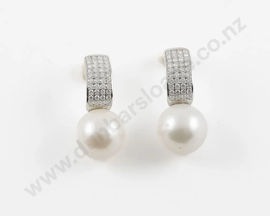 Pair 14ct White Gold Cultured South Sea Pearl and Diamond Earrings Image 1++