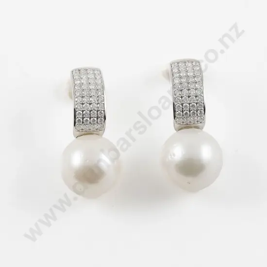 Pair 14ct White Gold Cultured South Sea Pearl and Diamond Earrings