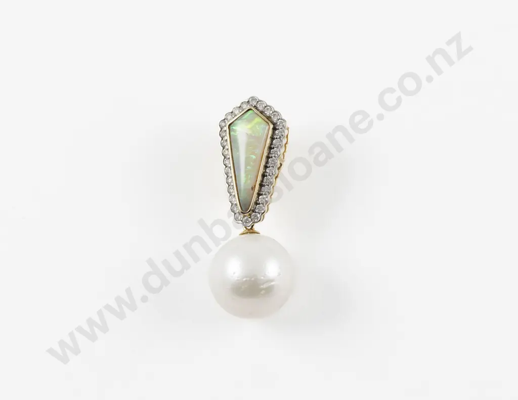 14ct Crystal Opal Cultured Pearl and Diamond Pendant Image 1++