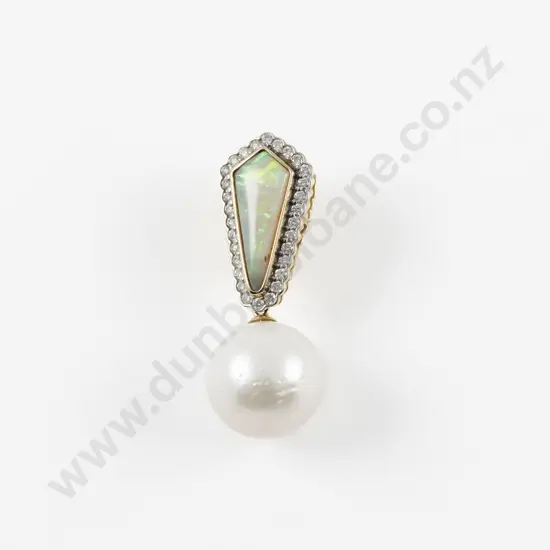 14ct Crystal Opal Cultured Pearl and Diamond Pendant