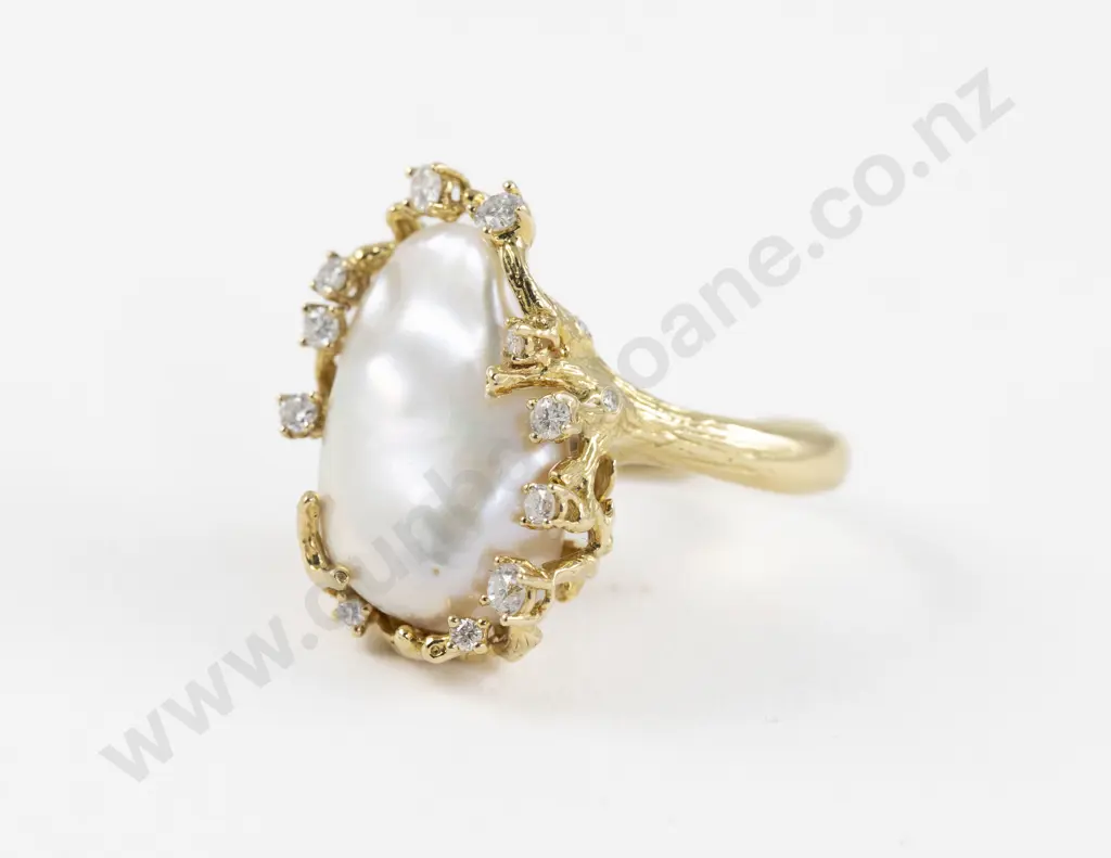 14ct Single Baroque Pearl and Diamond Dress Ring Image 1++