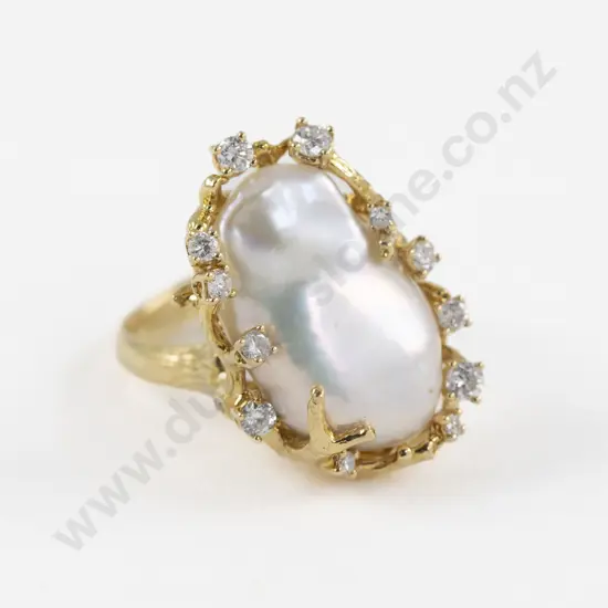 14ct Single Baroque Pearl and Diamond Dress Ring