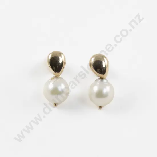 Pair 9ct Single Cultured Pearl Pendant Drop Earrings