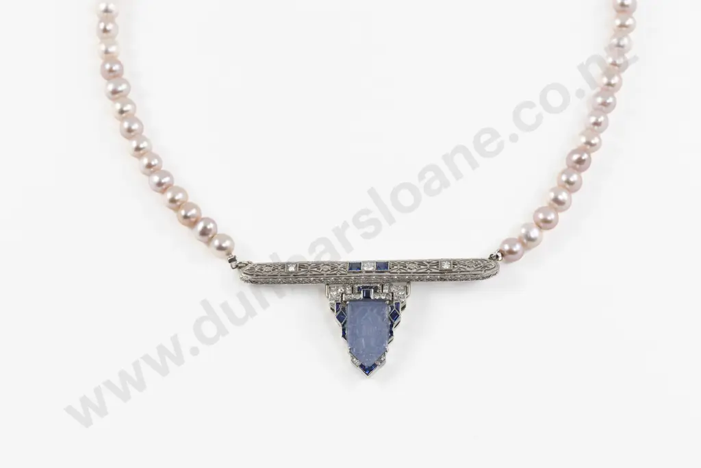 Art Deco Style Designed Sapphire and Diamond on Pearl Necklace Pendant Image 1++