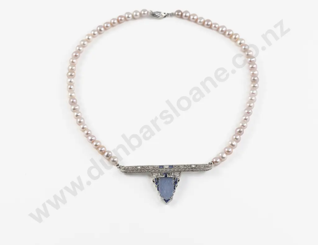 Art Deco Style Designed Sapphire and Diamond on Pearl Necklace Pendant Image 1++