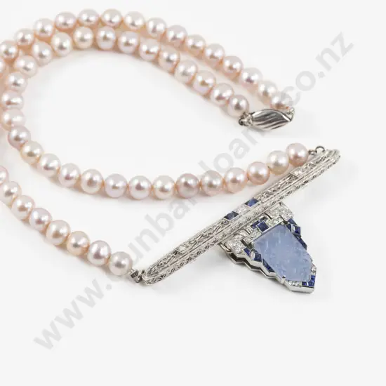 Art Deco Style Designed Sapphire and Diamond on Pearl Necklace Pendant
