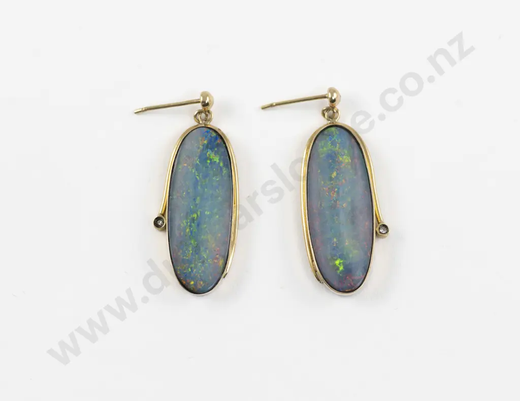 Pair 18ct Single Boulder Opal Diamond Enhanced Earrings Image 1++