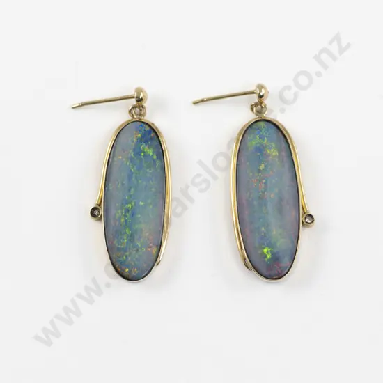 Pair 18ct Single Boulder Opal Diamond Enhanced Earrings