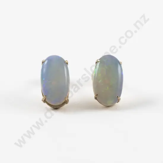 Pair 9ct Single White Crystal Opal Stud Earrings