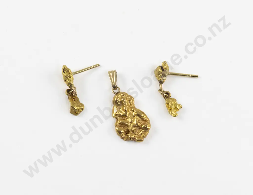 Alluvial Gold Nugget Pendant with Pair Pendant Drop Earrings Image 1++