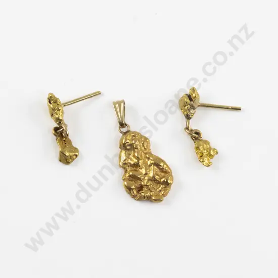 Alluvial Gold Nugget Pendant with Pair Pendant Drop Earrings