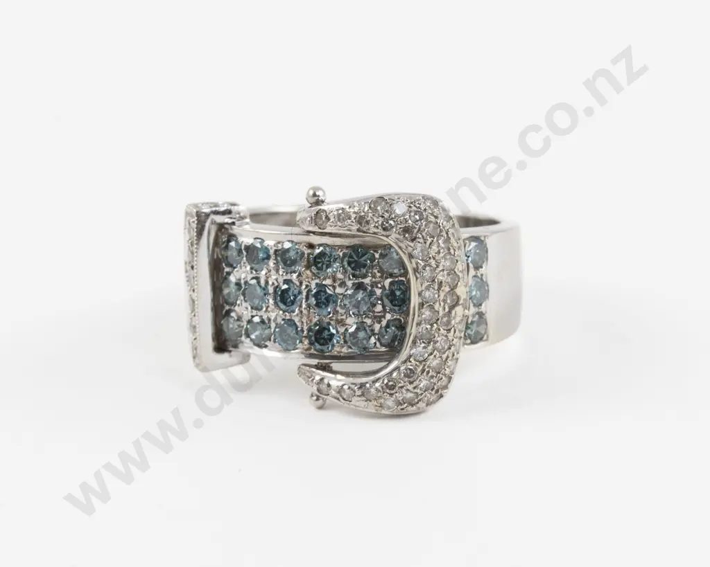 14ct White Gold 76Stone Blue and White Diamond Buckle Ring Image 1++