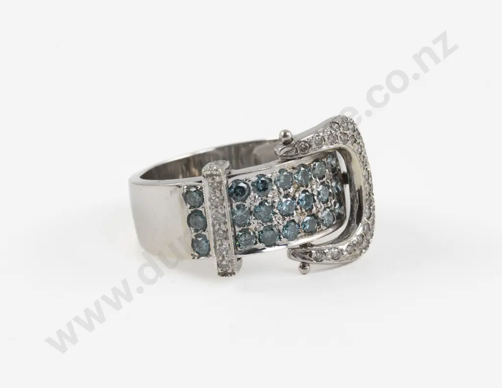 14ct White Gold 76Stone Blue and White Diamond Buckle Ring Image 1++