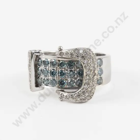 14ct White Gold 76Stone Blue and White Diamond Buckle Ring