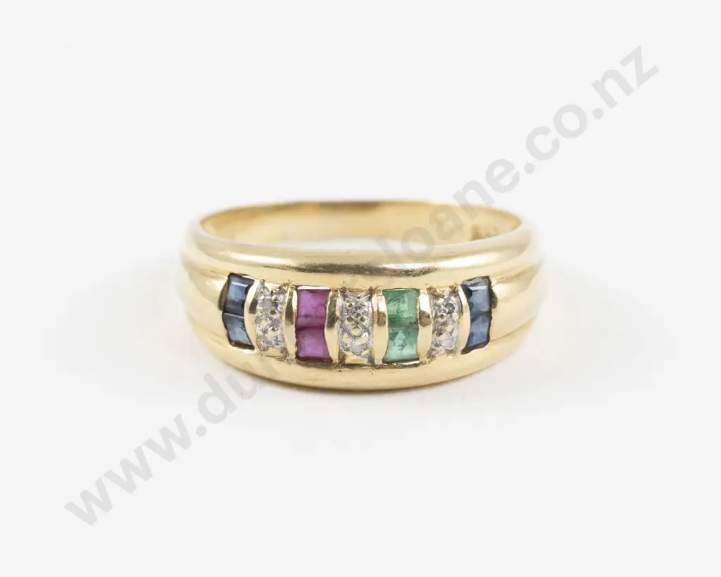 18ct Eight Stone Diamond Sapphire Emerald and Ruby Band Ring Image 1++