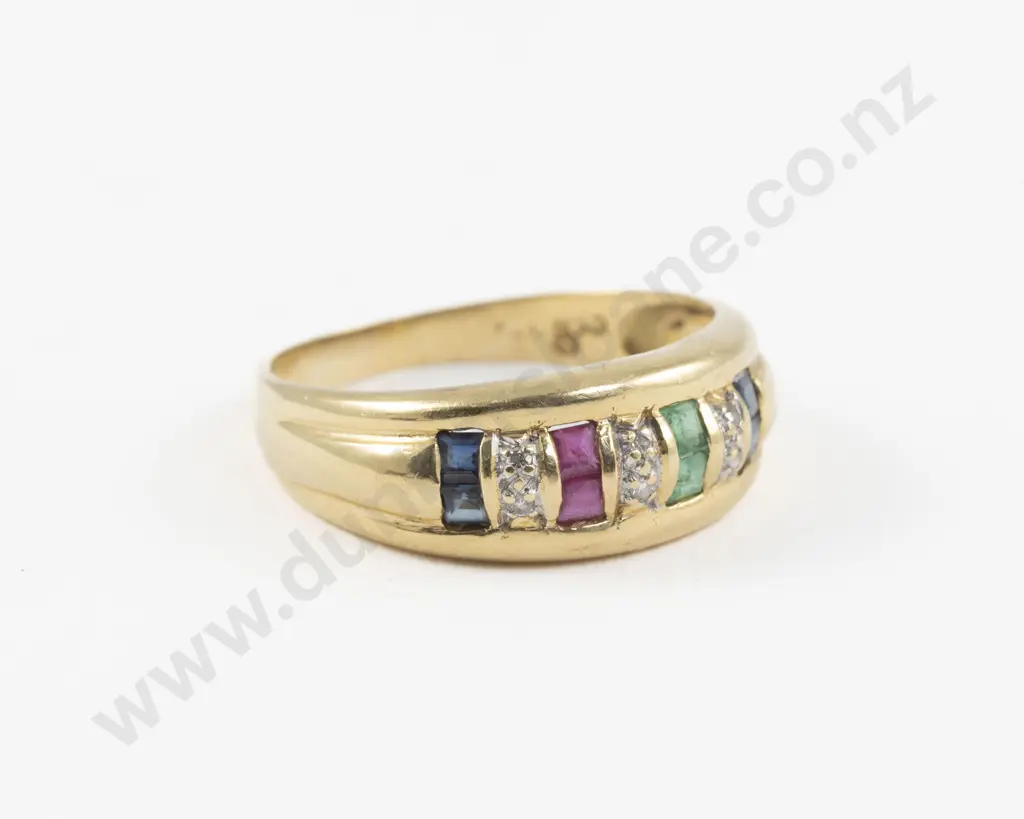 18ct Eight Stone Diamond Sapphire Emerald and Ruby Band Ring Image 1++