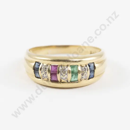 18ct Eight Stone Diamond Sapphire Emerald and Ruby Band Ring