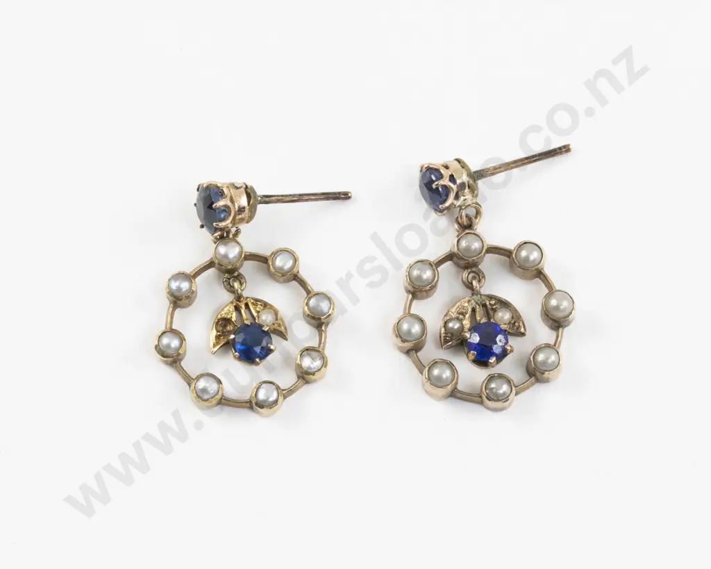 Pair Victorian 9ct Topaz and Seed Pearl Earrings Image 1++