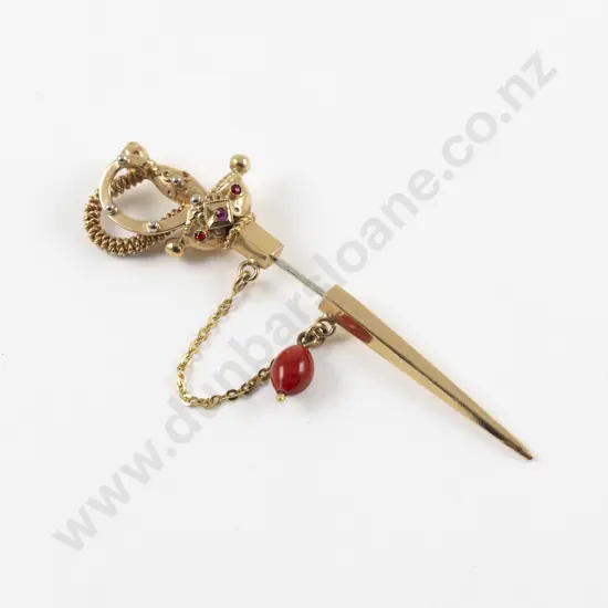 Vintage 18ct Ruby and Coral Sword Stick Pin