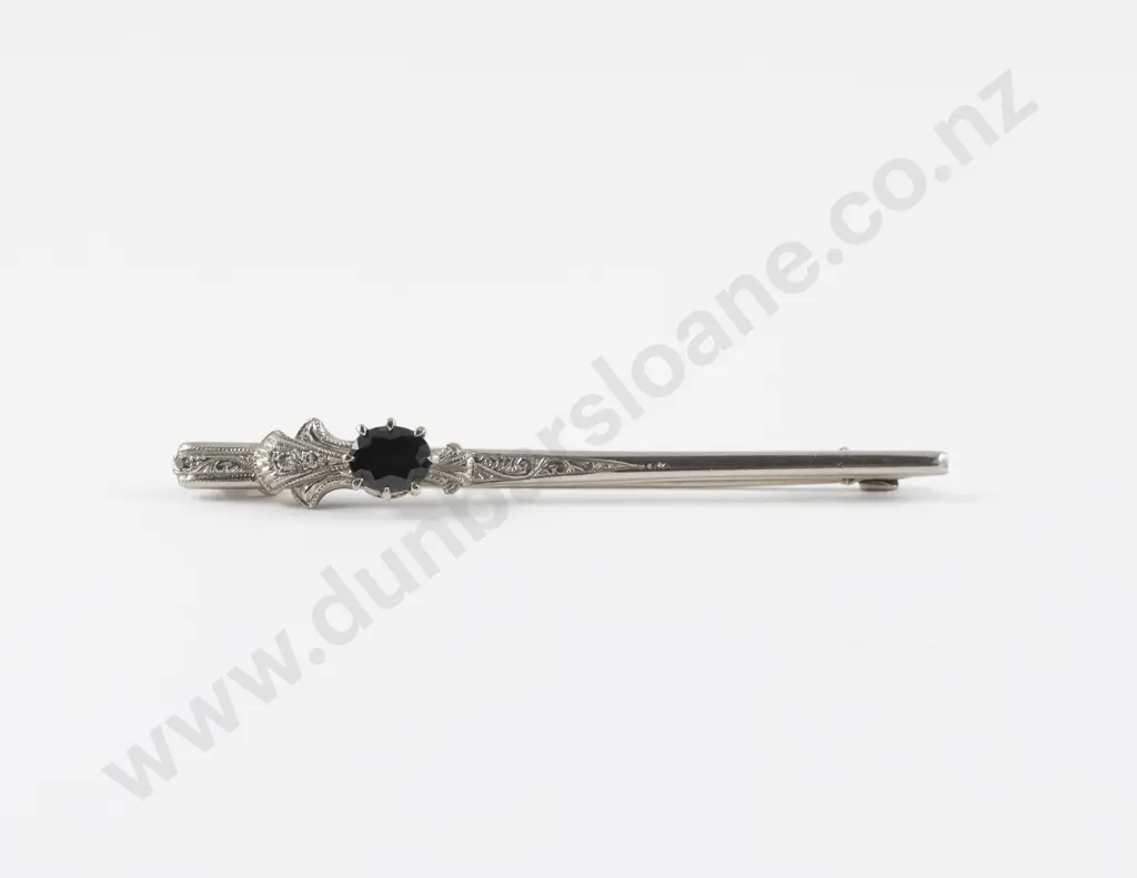 18ct White Gold Single Sapphire and Diamond Bar Brooch Image 1++