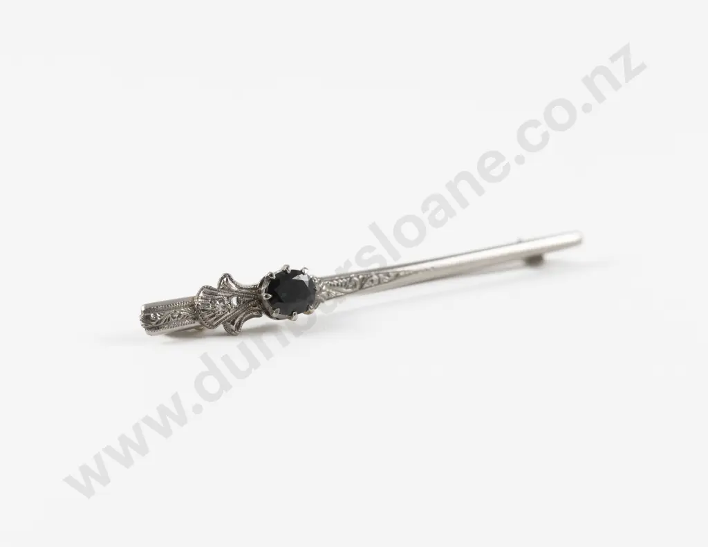 18ct White Gold Single Sapphire and Diamond Bar Brooch Image 1++