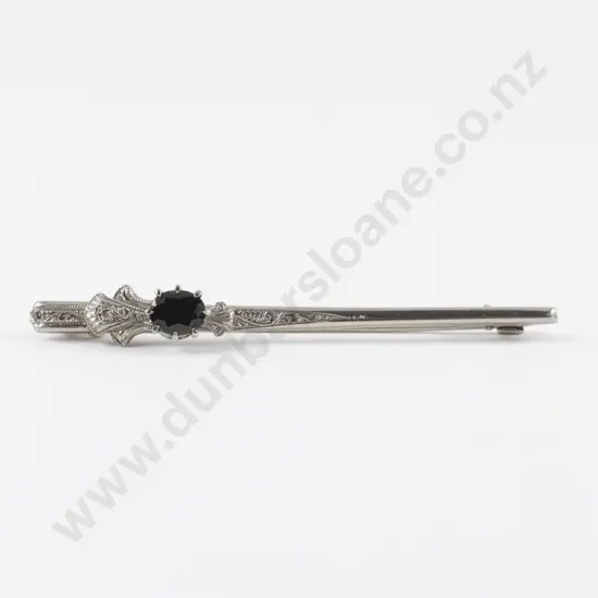 18ct White Gold Single Sapphire and Diamond Bar Brooch