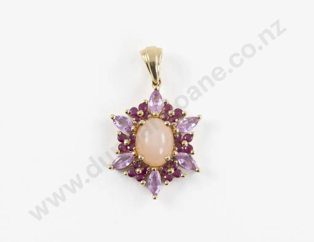 14ct Pink Opal Topaz and Ruby Star Burst Pendant Image 1++