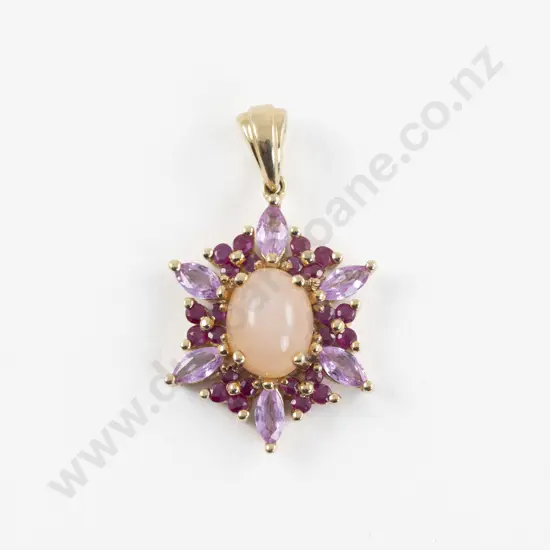 14ct Pink Opal Topaz and Ruby Star Burst Pendant
