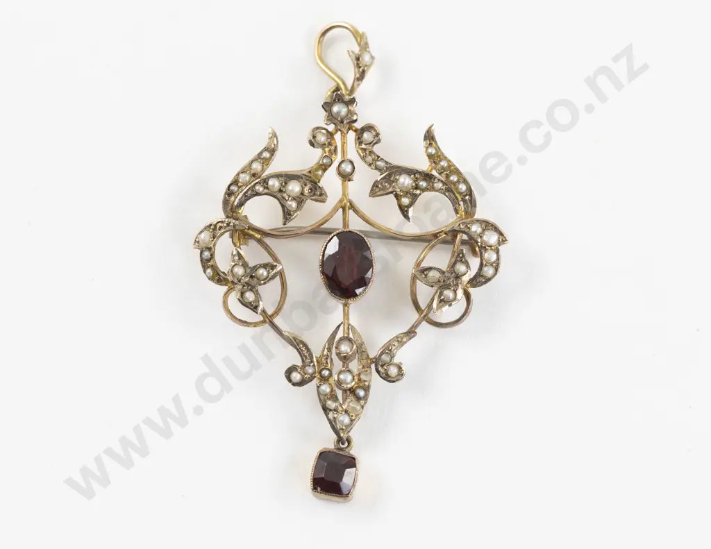 Victorian 9ct Seed Pearl and Garnet Scroll Pendant/Brooch Image 1++