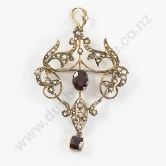 Victorian 9ct Seed Pearl and Garnet Scroll Pendant/Brooch