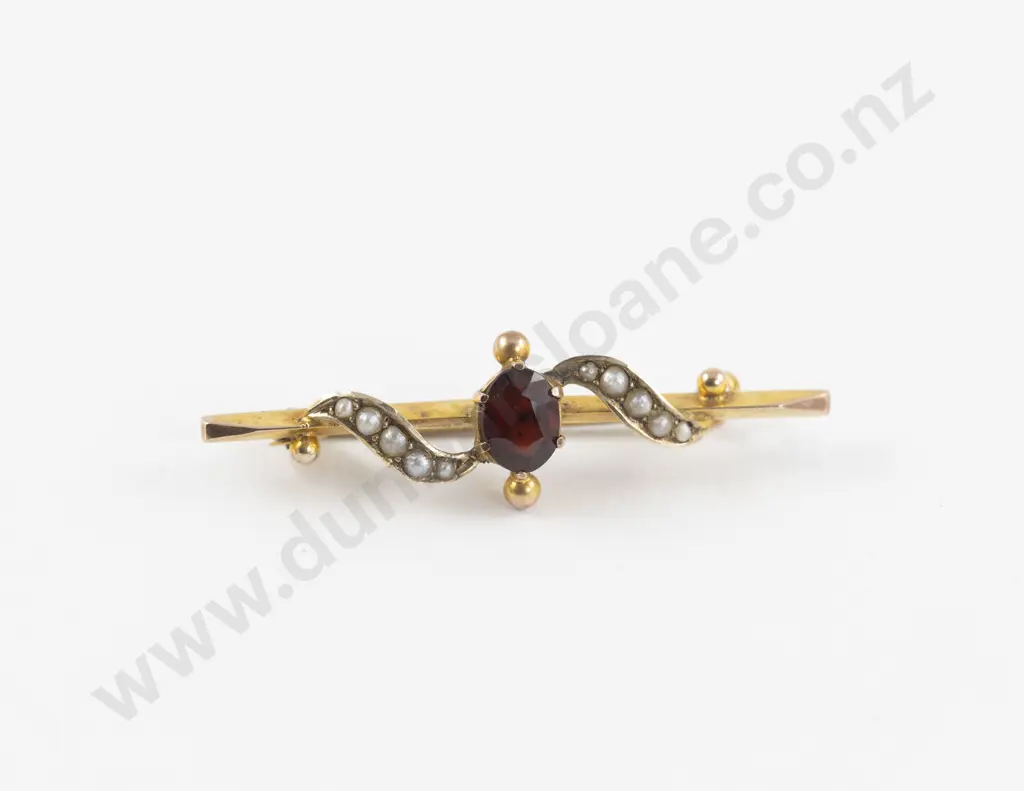 Victorian 9ct Garnet and Seed Pearl Bar Brooch Image 1++