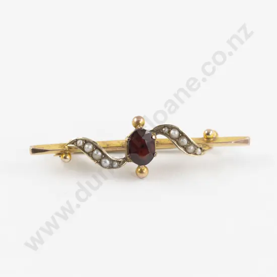Victorian 9ct Garnet and Seed Pearl Bar Brooch