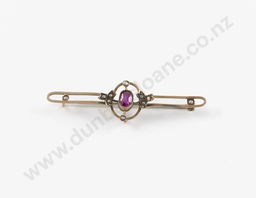 Victorian 9ct Ruby and Seed Pearl Bar Brooch Image 1++