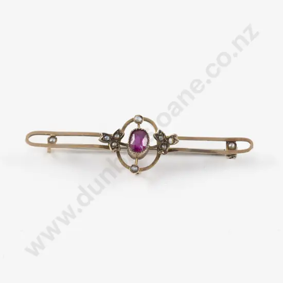Victorian 9ct Ruby and Seed Pearl Bar Brooch