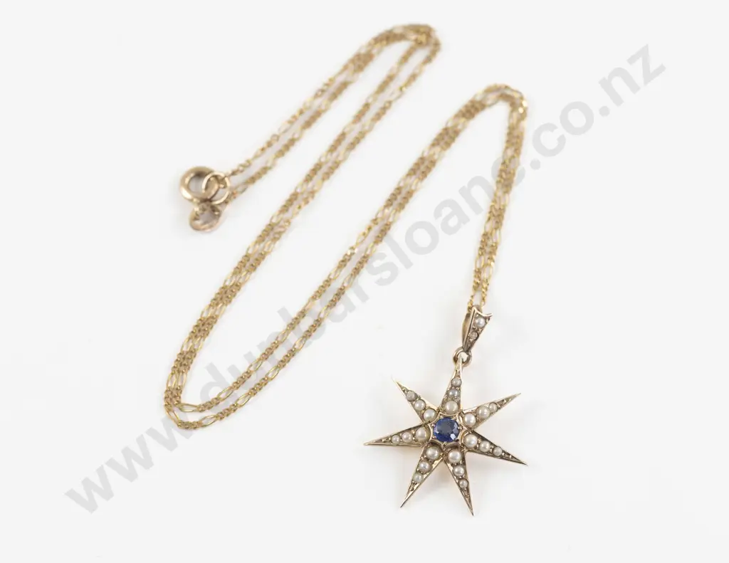 Victorian 9ct Sapphire and Seed Pearl Star Burst Pendant Image 1++