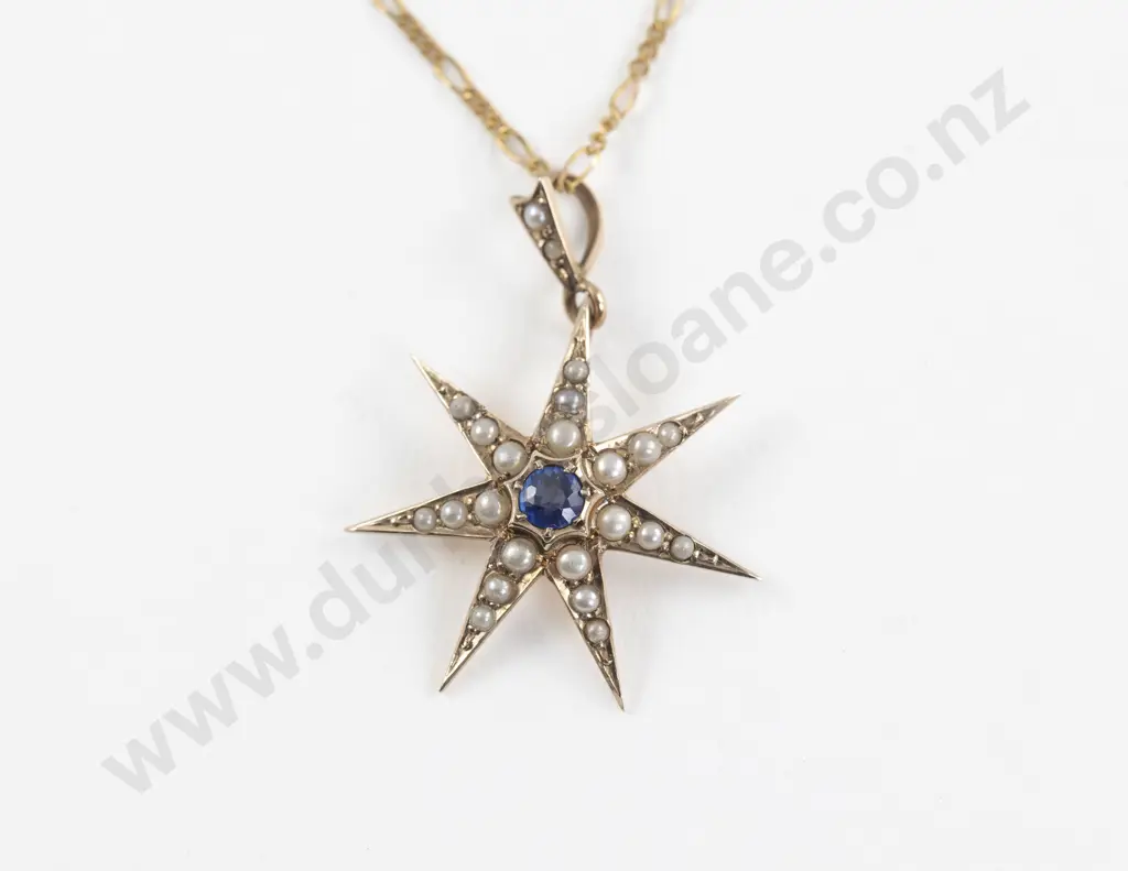 Victorian 9ct Sapphire and Seed Pearl Star Burst Pendant Image 1++
