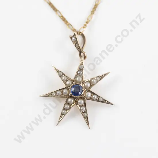 Victorian 9ct Sapphire and Seed Pearl Star Burst Pendant