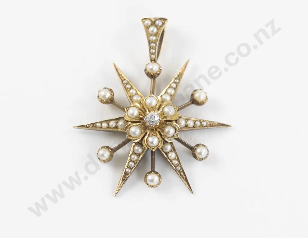 Victorian 9ct Diamond and Pearl Star Burst Pendant Image 1++