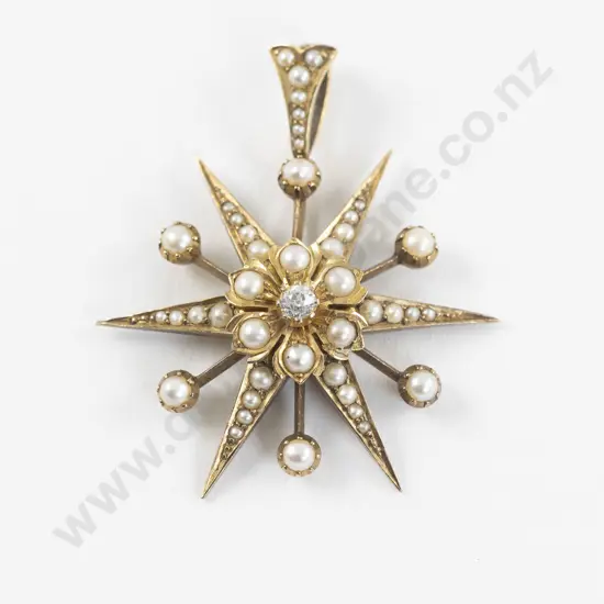 Victorian 9ct Diamond and Pearl Star Burst Pendant