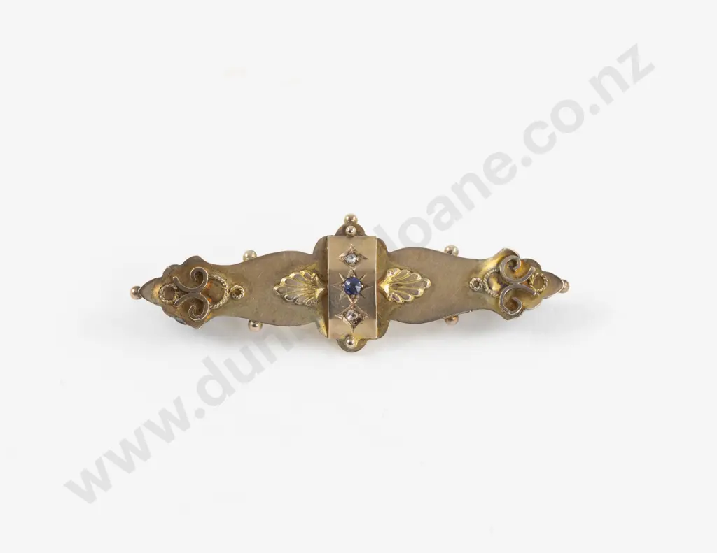 Victorian 9ct Three Stone Sapphire and Diamond Bar Brooch Image 1++