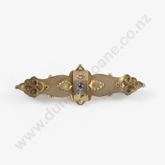 Victorian 9ct Three Stone Sapphire and Diamond Bar Brooch