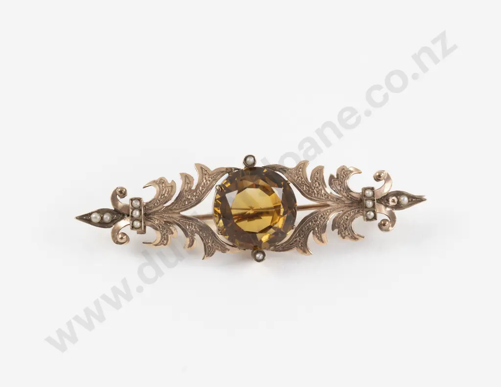 Victorian 9ct Single Citrine and Seed Pearl Brooch Image 1++