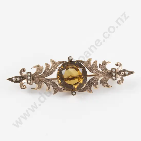 Victorian 9ct Single Citrine and Seed Pearl Brooch