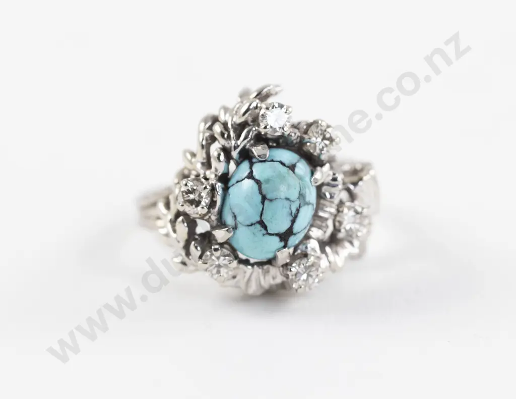 14ct White Gold Seven Stone Turquoise and Diamond Cluster Ring Image 1++