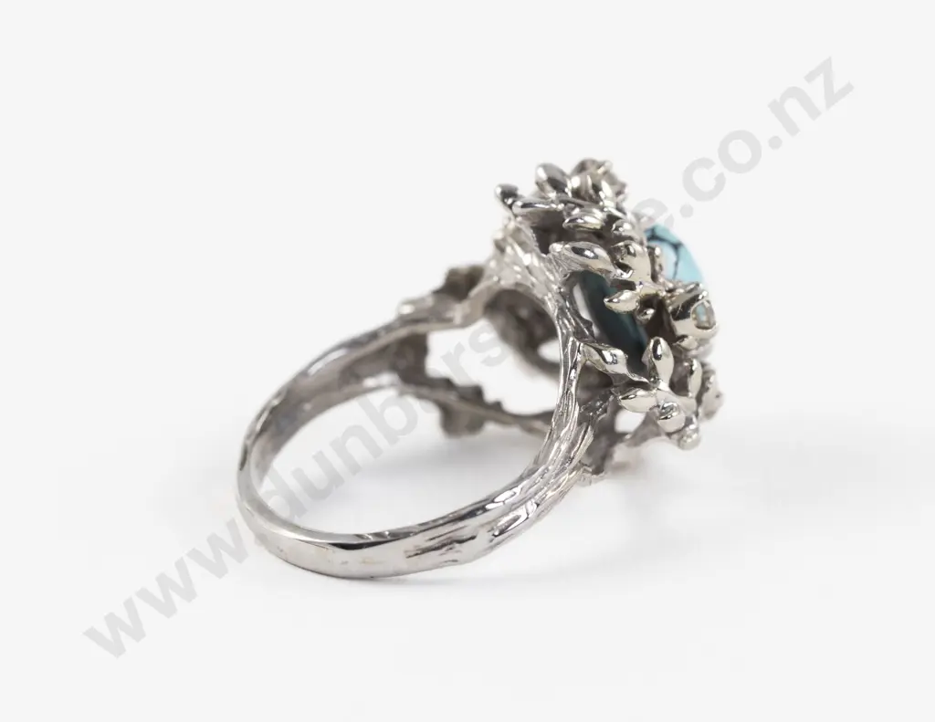 14ct White Gold Seven Stone Turquoise and Diamond Cluster Ring Image 1++