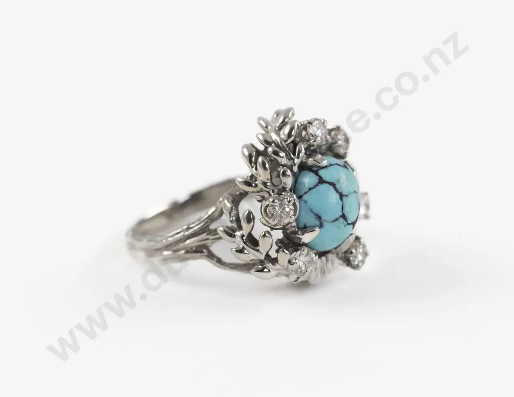 14ct White Gold Seven Stone Turquoise and Diamond Cluster Ring Image 1++