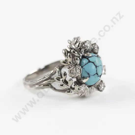 14ct White Gold Seven Stone Turquoise and Diamond Cluster Ring