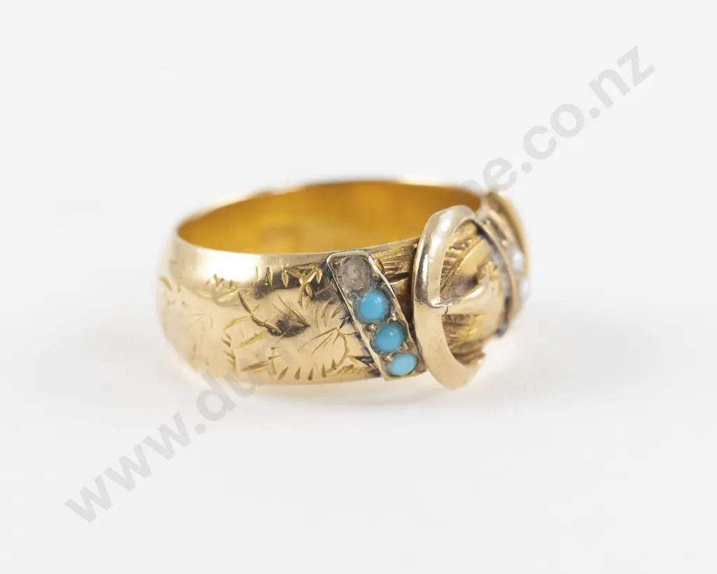 18ct Six Stone Turquoise and Seed Pearl Buckle Band Ring Image 1++